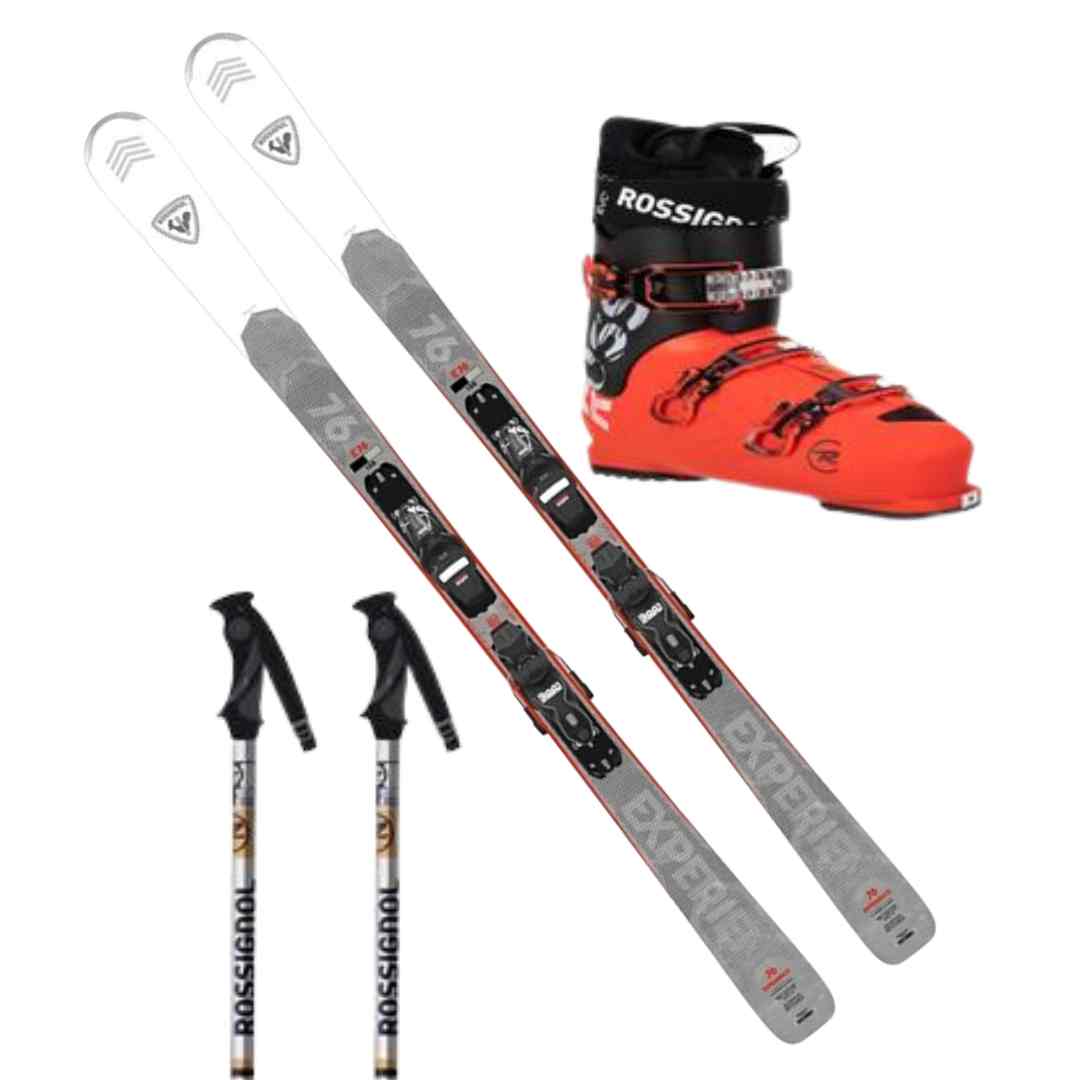 skis, ski boot and ski poles