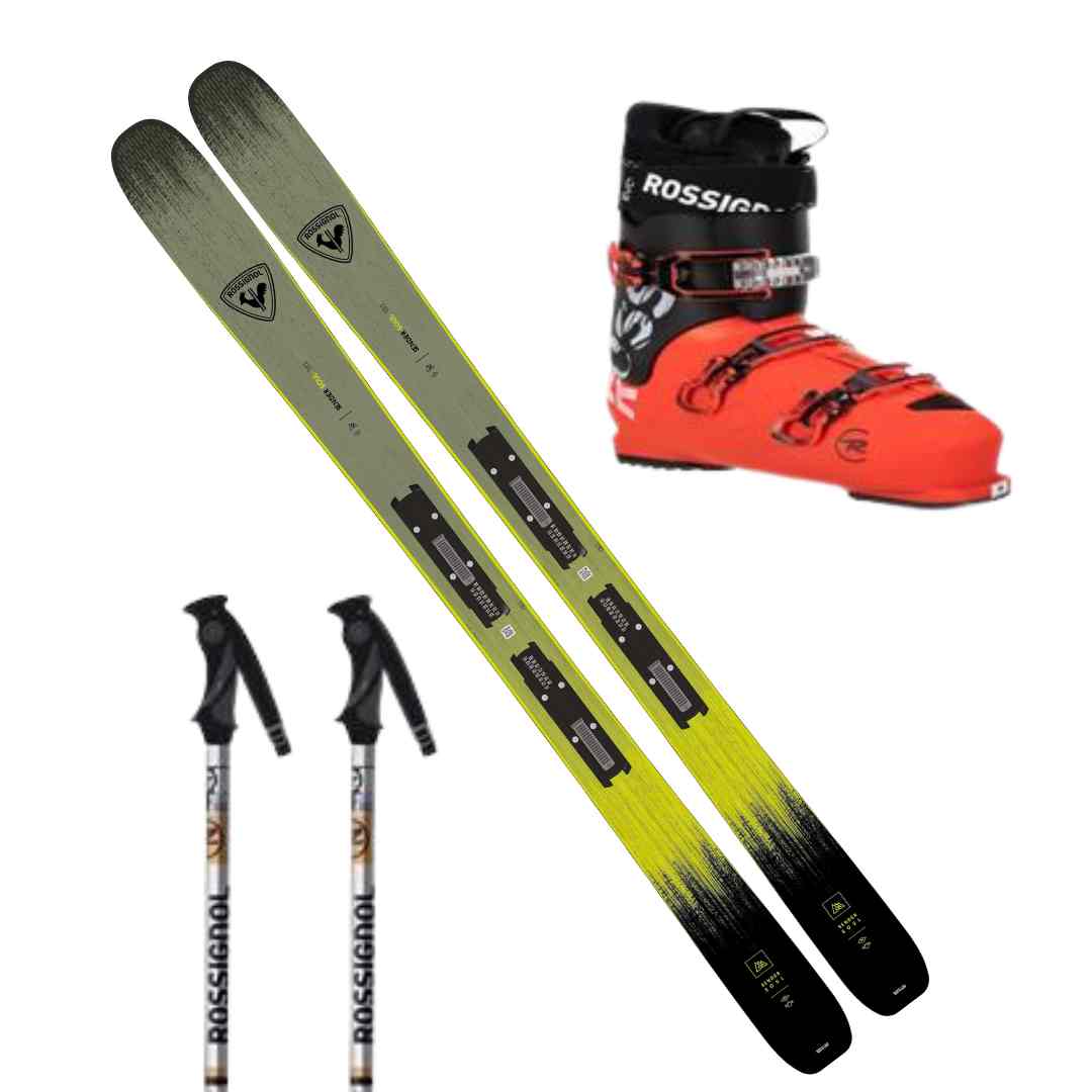 skis, ski boots, and ski poles